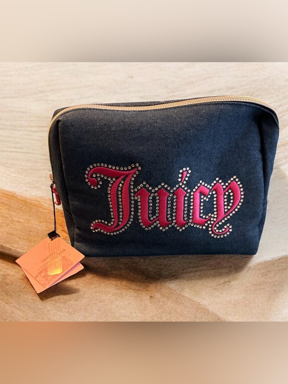 Juicy Couture Dark Denim Cosmetic Bag with Pink Rhinestone Logo